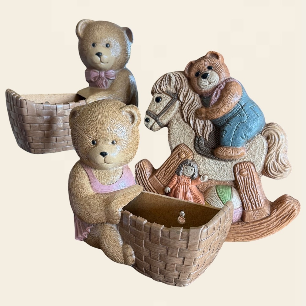 Vintage Burwood Teddy Bear Wall Pockets & Rocking Horse Plaque Set 1989 Nursery